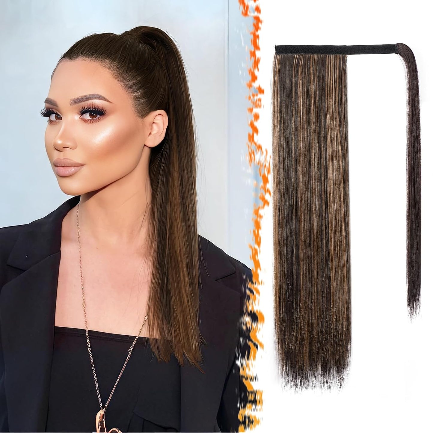 Dark Brown Straight Ponytail Extension - 28 Inch Clip-In Hairpiece for Women | Synthetic Wrap Around Style