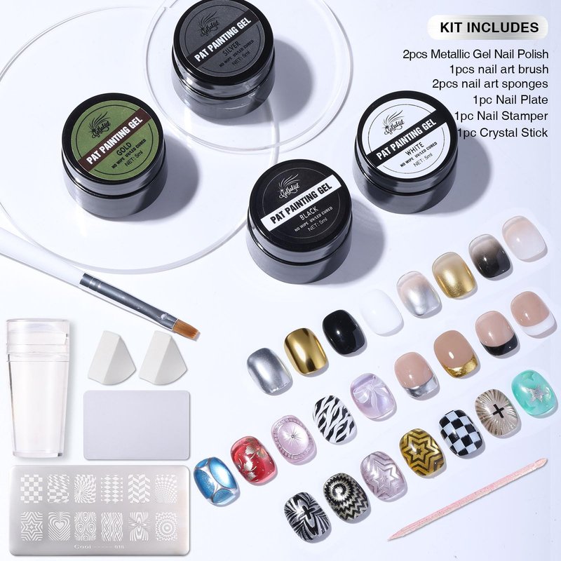 Metallic Gel Nail Polish Set, 4Pcs Chrome Gel Nail Polish with Nail Art Stamp Plate & Stamper Scraper Kit, Black&White&Silver&Gold UV LED for DIY Home Salon Use for Women