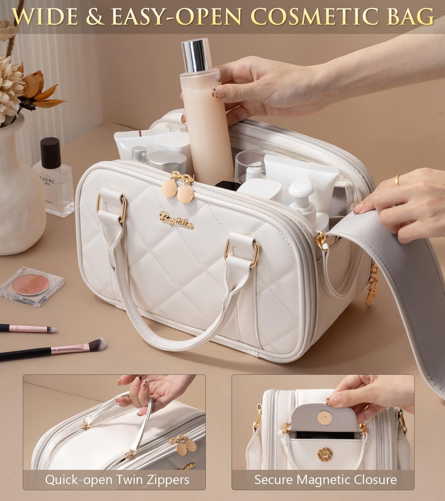Bagstellar Travel Makeup Bag, Large Capacity Quilted Toiletry Bag for Women Stand-up Cosmetic Bag Open Flat Make Up Case Organizer Portable Pouch Purse w/Handle for Traveling Accessories Ivory White