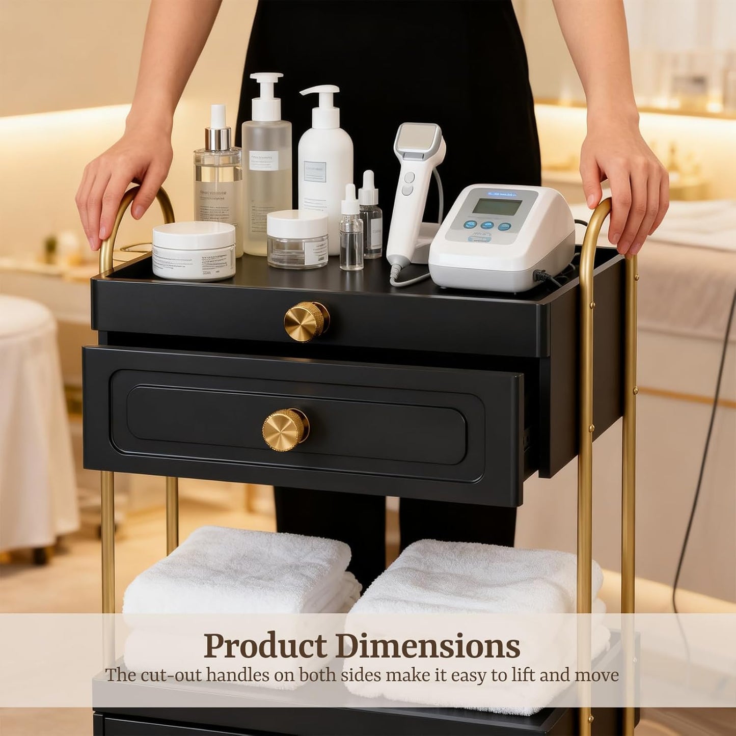 Salon Trolley Cart - Lockable Wheels & Drawer for Hair Stylist | Makeup Tool Organizer (Black & Gold)
