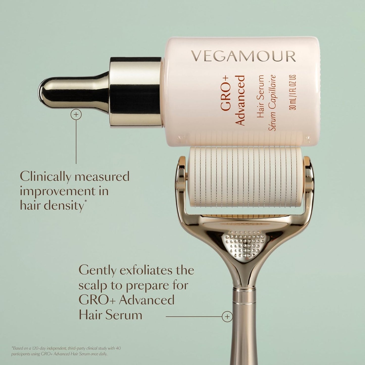 VEGAMOUR GRO+ Advanced Dermaroller - 1,200 Microneedle Scalp Tool | 0.25mm for Gentle Exfoliation & Maximum Coverage