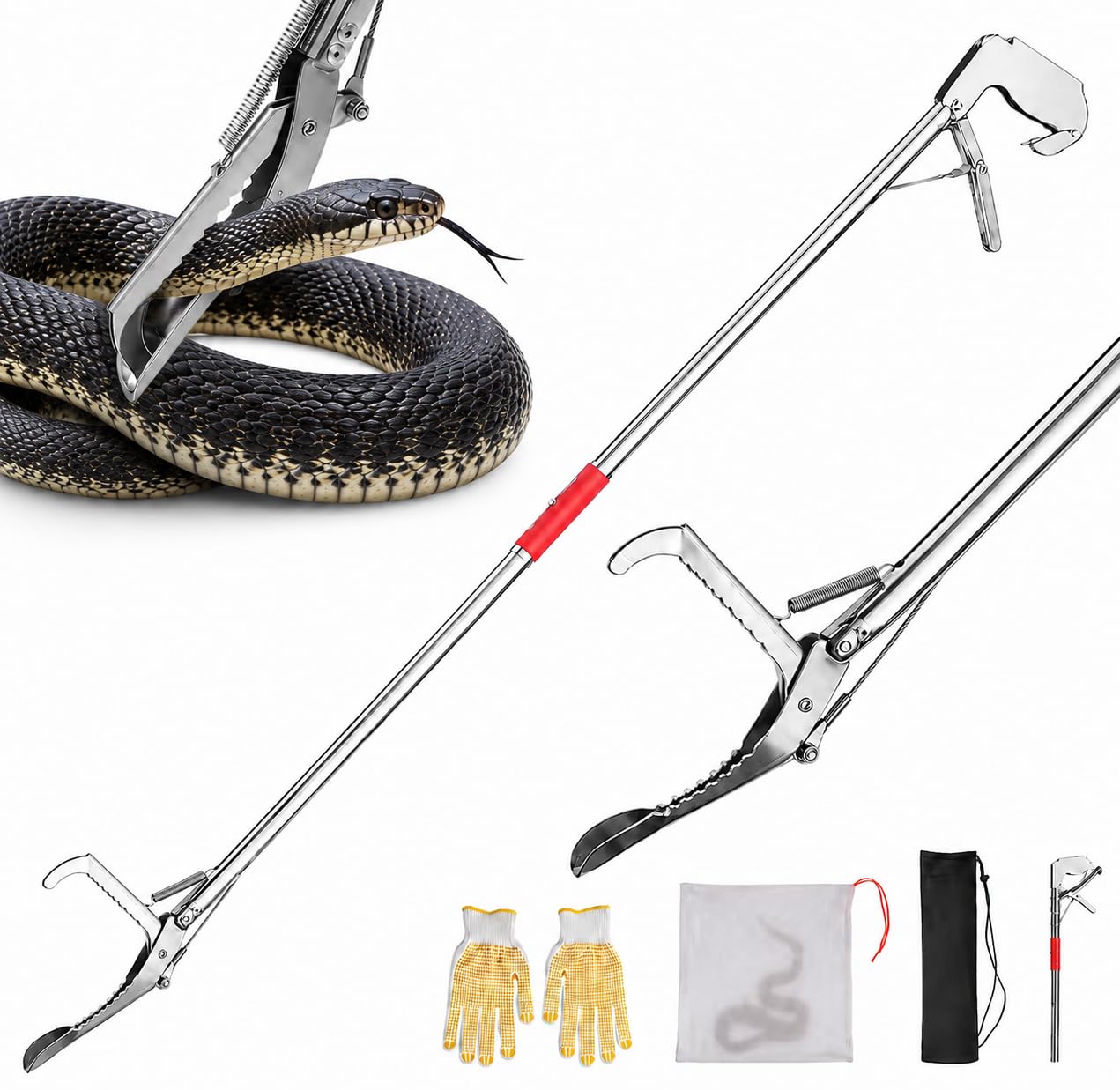 Uppernut 60" Snake Grabber, Collapsible Snake Tongs All-Stainless Steel, Humane Rattle Snake Reptile Catcher Pincher, Smooth Wide Jaw Hangling Tool with Lock