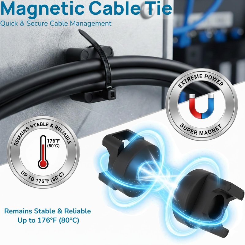 ZyCooom 225 Pieces Magnetic Cable Ties Set, 25 Magnetic Zip Tie Mounts with 200 Cable Ties, Strong Wire Holder Cables Management, Multipurpose Electrical Cord Holders Organizer (22mm)