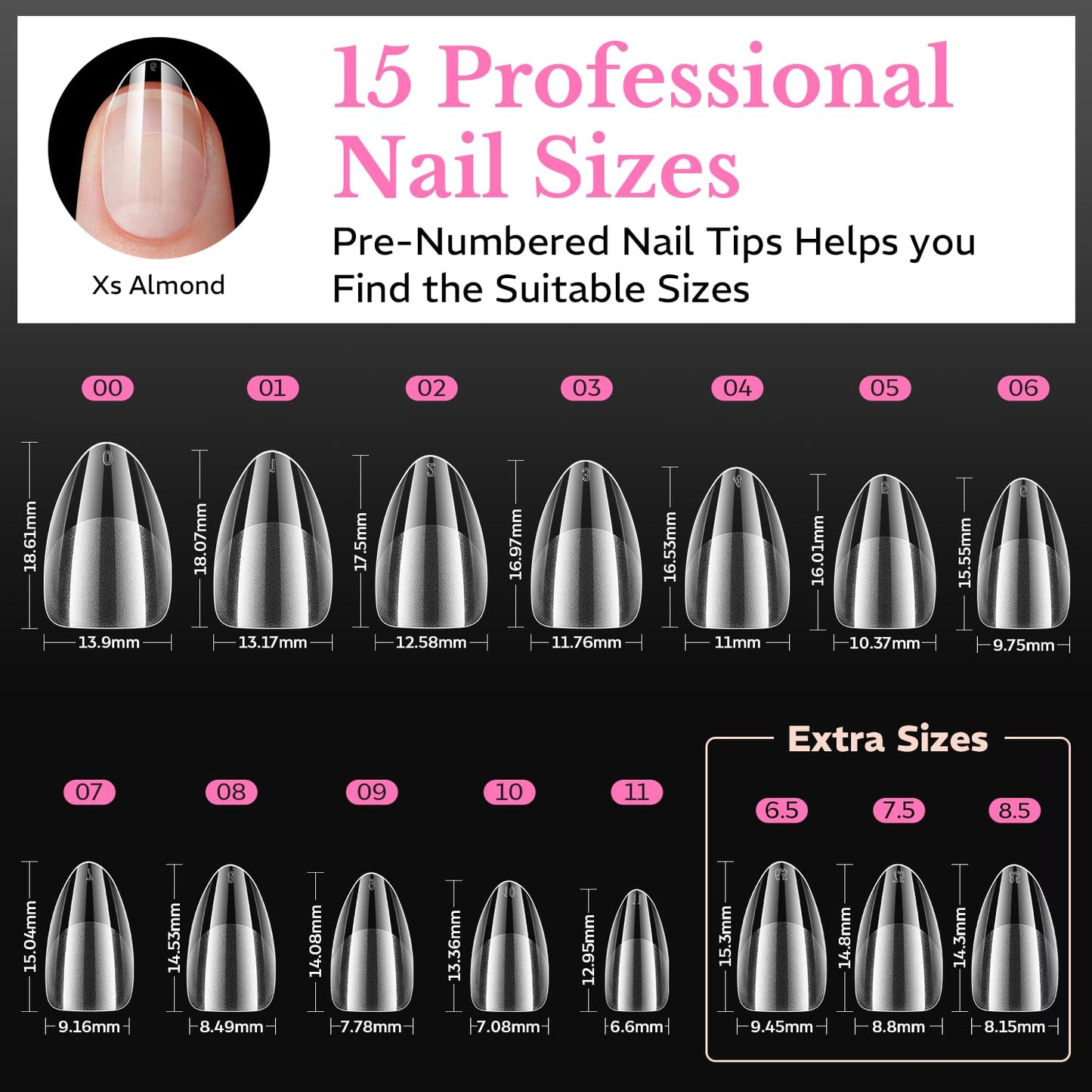 AZUREBEAUTY Extra Short Almond Nail Tips, 600pcs Pre Etched Soft Gel Nail Tips 15Sizes Acrylic Fake Nails Half Matte Full Cover Clear Press On False Nail Extensions for DIY Manicure at Home Nail Art
