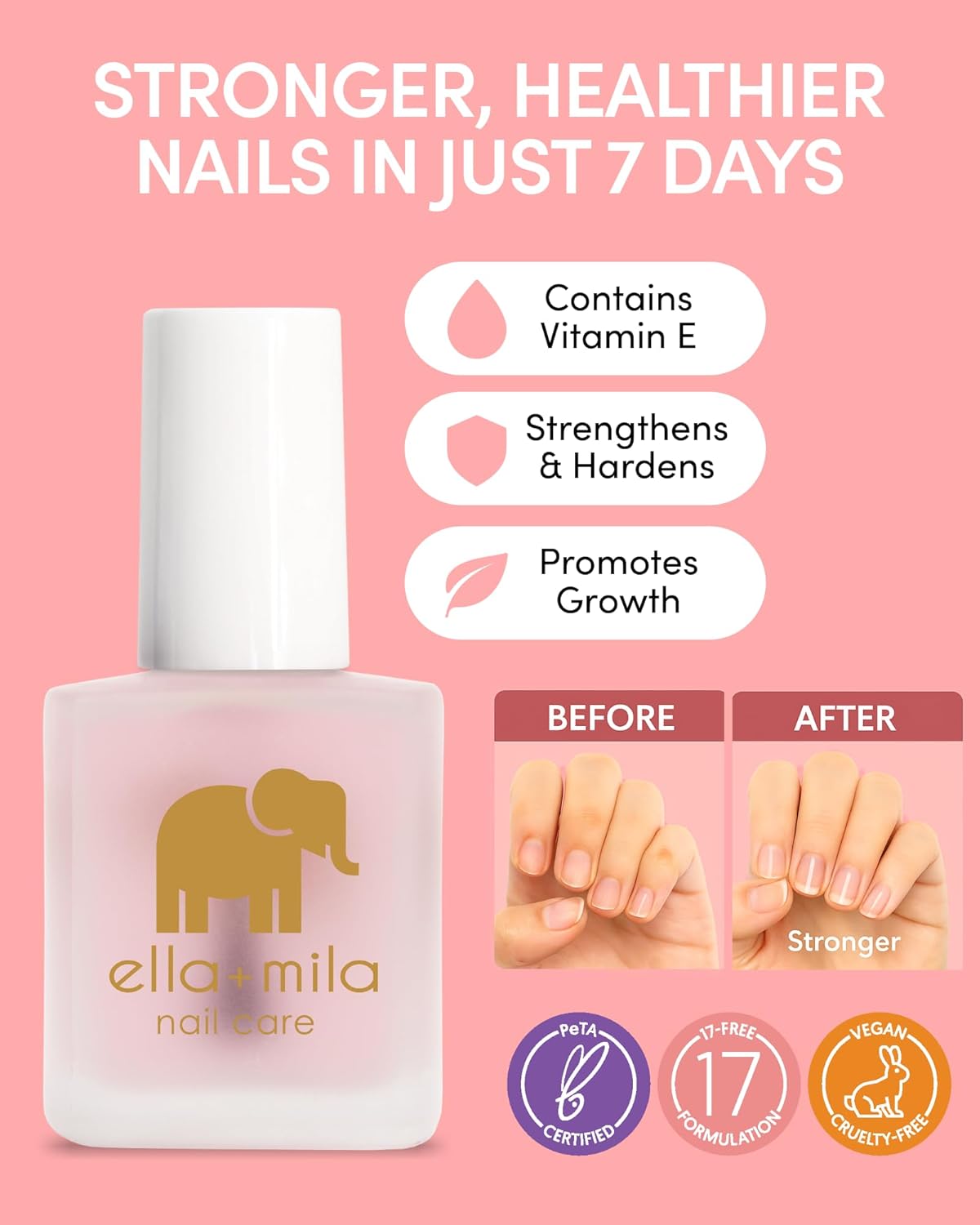Nail Strengthener & Growth Treatment - Ella+mila First Aid Kiss Hardener for Damaged Nails | Vegan, 0.45 fl oz