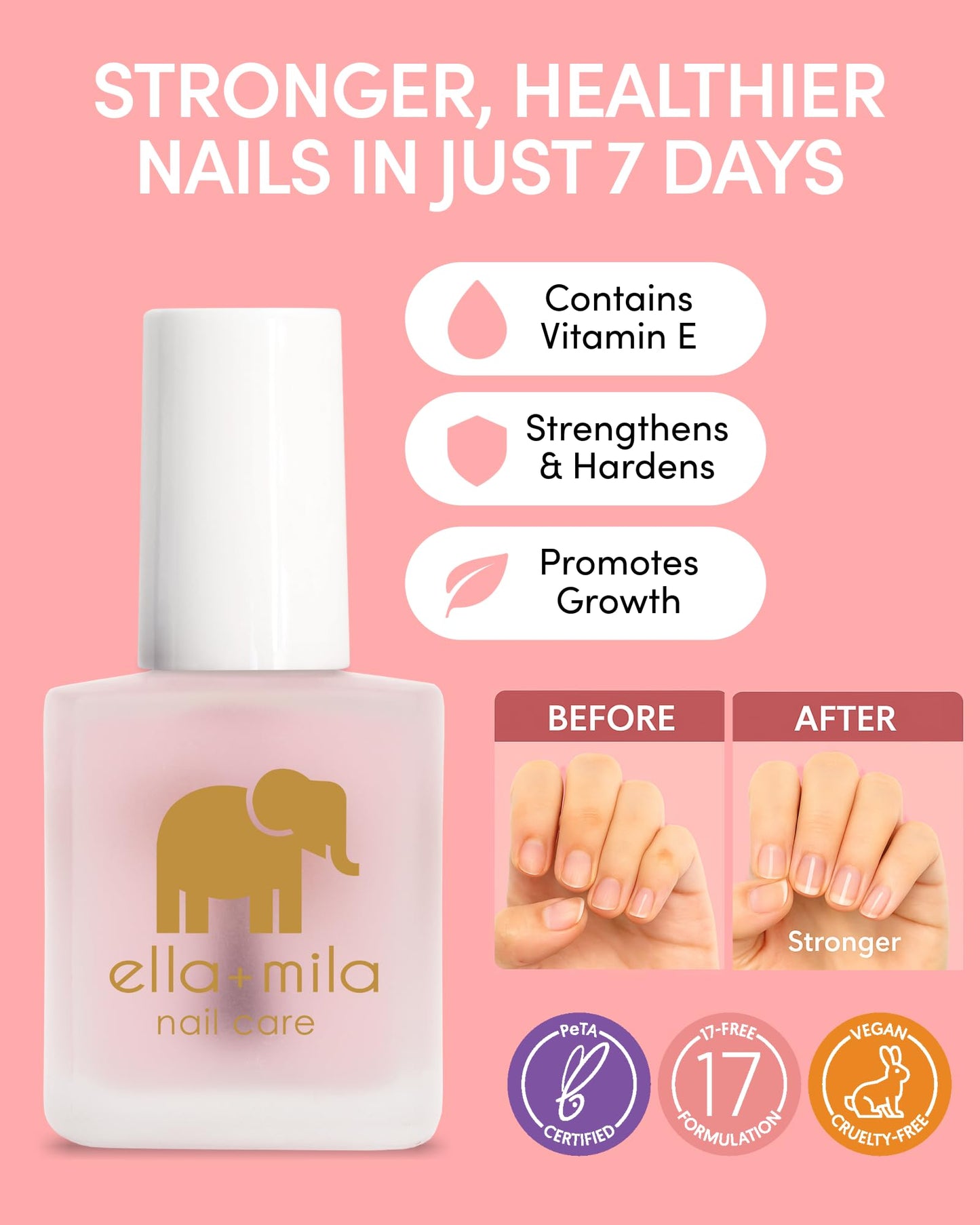 ella+mila Nail Strengthener and Growth Treatment - First Aid Kiss Nail Hardener for Damaged Brittle Thin Nails - Strengthening Polish with Vitamin E - Vegan (0.45 fl oz)