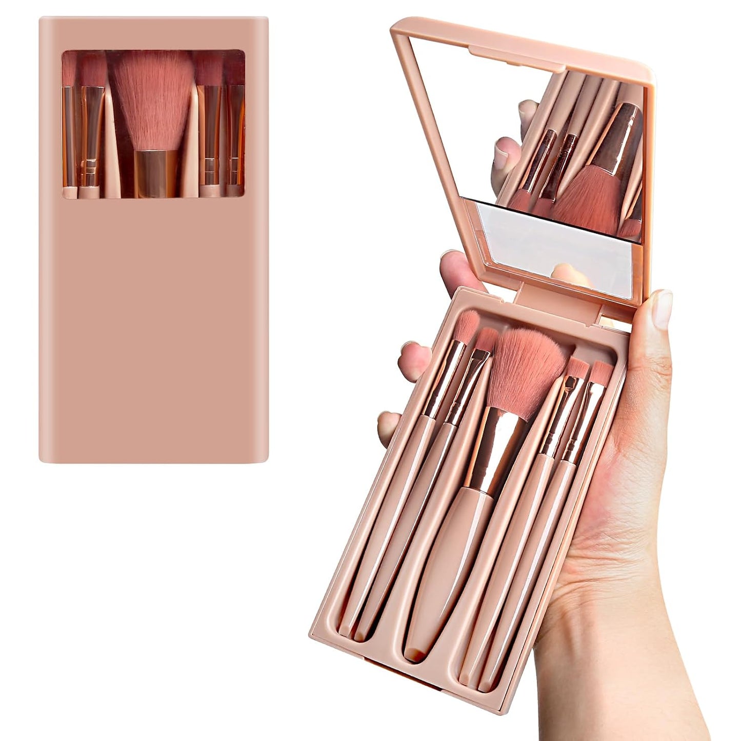 Travel Makeup Brush Set - Portable 5 PCS Mini Brushes with Mirror | Essential Cosmetic Tools for Eyeshadow & Contour (Blue)