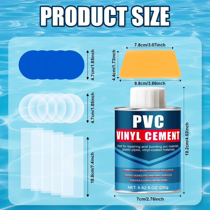 kuailaya Vinyl Cement, Vinyl Patch Kit include 8.8oz Vinyl Glue Vinyl Repair Patch and Scraper Waterproof High Bonding Strength and Sealing High Weather Resistance for Pool Liners Tarps Air Mattresses