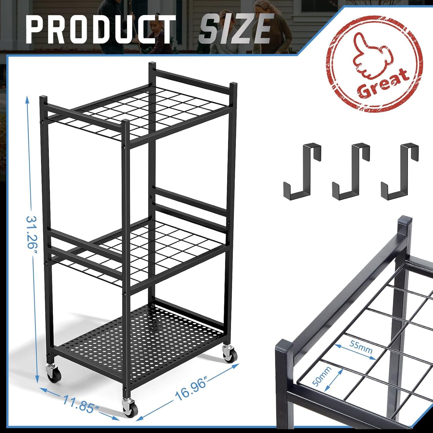 Garden Organizer With Wheels - Sturdy Metal Rack for 35 Tools | Outdoor Storage, Black