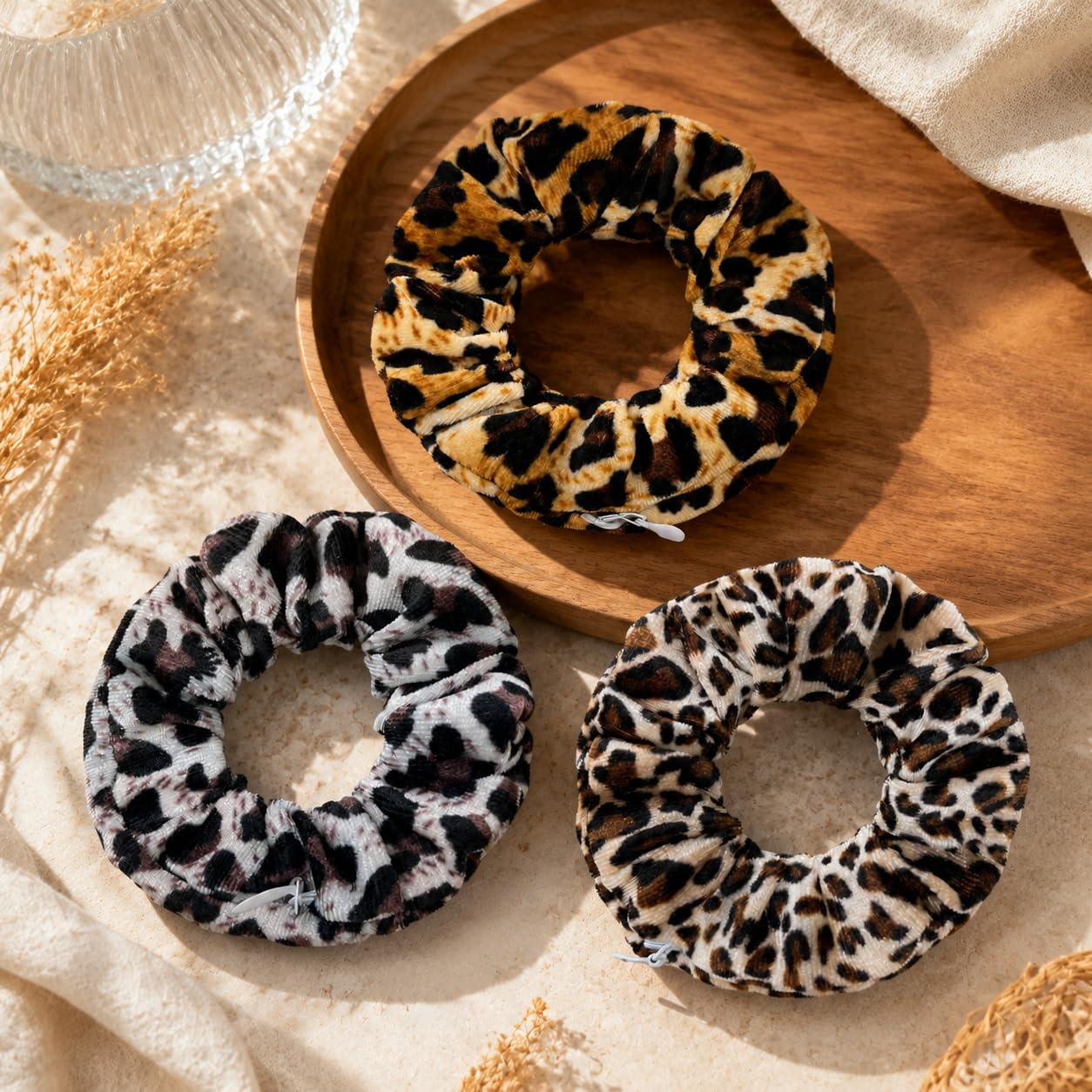 Boho Chic Leopard Print Hair Scrunchies - Soft Elastic Ponytail Holders Set | 3 Pieces