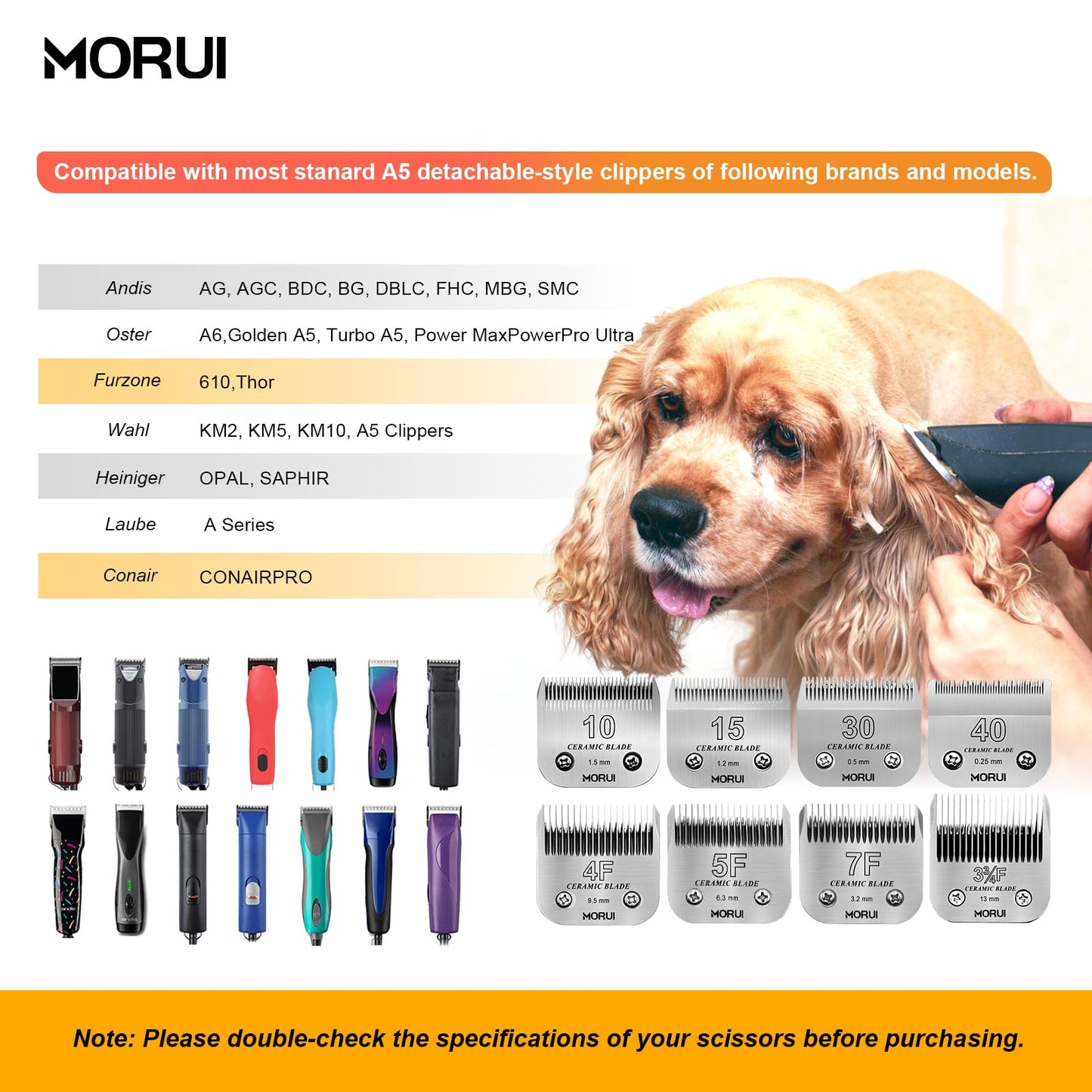 morui Pet Dog Grooming Clipper Replacement Blade，Detachable Ceramic Blade，Compatible with Most Andis,Oster A5 Wahl KM Series Clippers Size 15 Cut Length 3/64"(1.2mm)