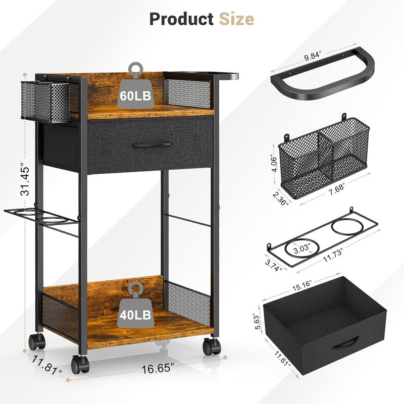Mobile Hair Stylist Station - Salon Trolley Cart with Wheels, Metal Tool Holder & Fabric Drawer | Black