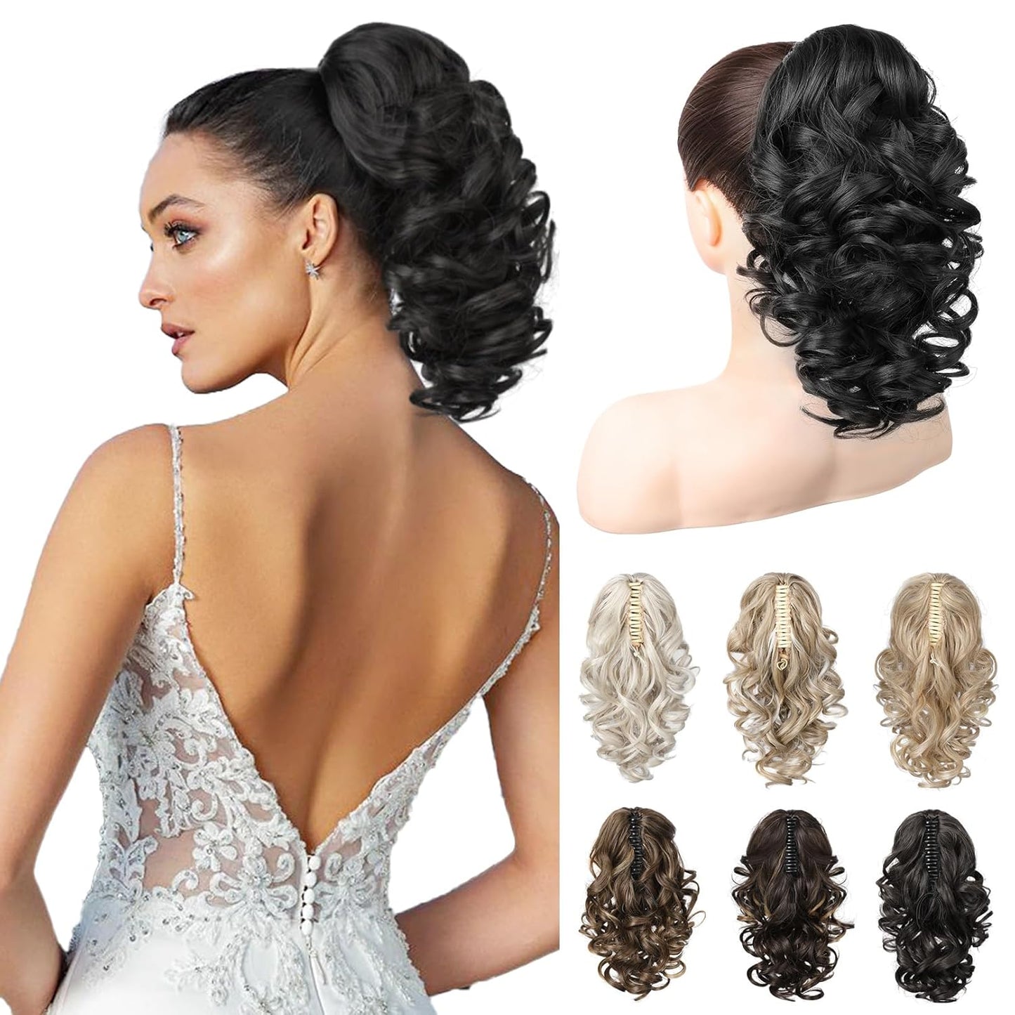 12-Inch Ponytail Extension - Classic Loose Curly Wavy Claw Clip Hairpiece for Women | Chocolate Brown with Highlights