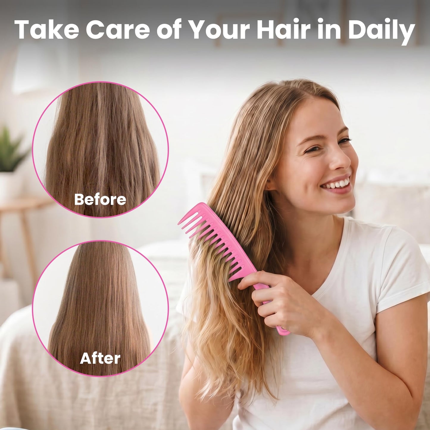 Wapodeai Wide Tooth Hair Comb, Large Detangling Styling Comb for Women & Men, Hair Brush for Curly, Wet, Dry, Thick Hair Types (Pink)