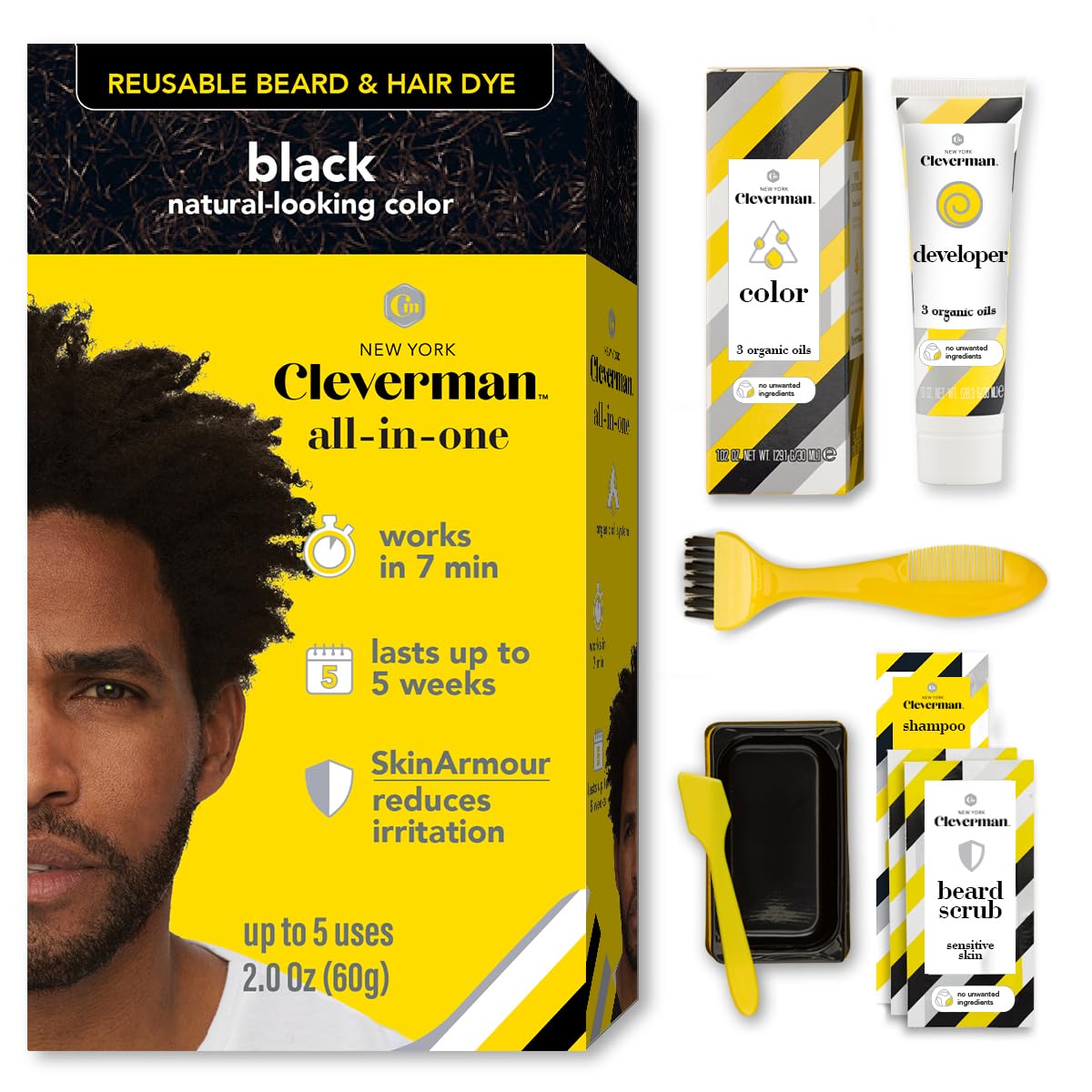 Cleverman Reusable Hair & Beard Dye for Men - Light Brown | Natural Gray Coverage, No-Drip Cream, 5 Uses in 7 Minutes