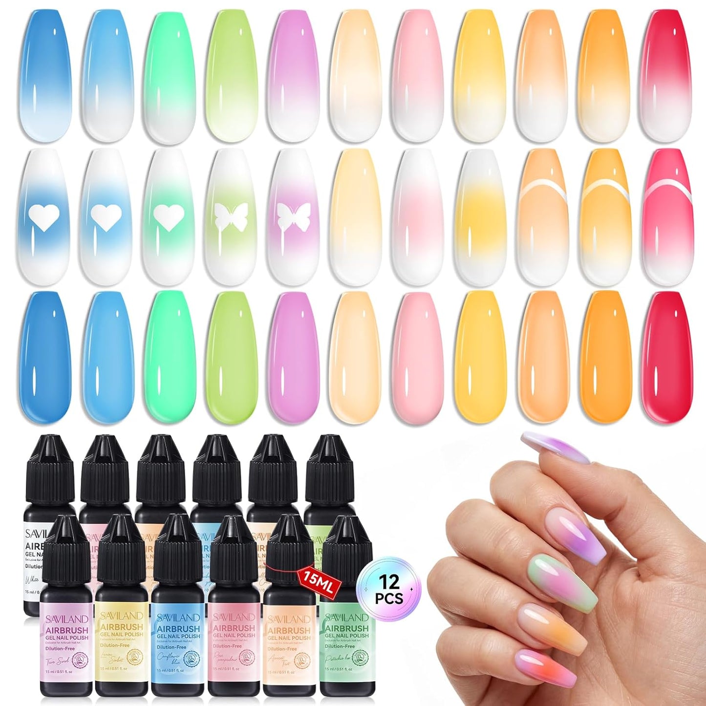 SAVILAND Airbrush Gel Polish Set | 12 Macaron Colors, HEMA & Acetone Free, 4-Week Wear for Nail Artists