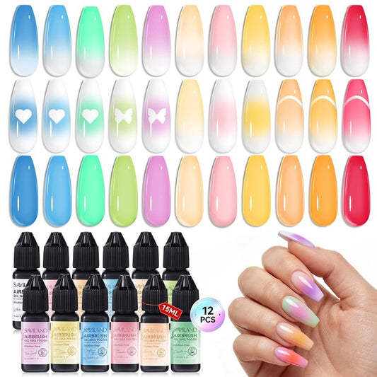 SAVILAND Airbrush Gel Polish Set | 12 Macaron Colors, HEMA & Acetone Free, 4-Week Wear for Nail Artists