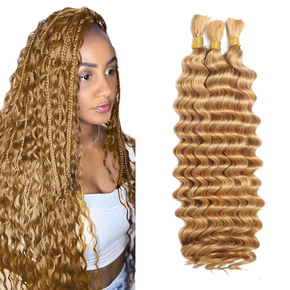 #27 Honey Blonde Human Braiding Hair Deep Wave Bulk 34 34 34 Inch Honey Blonde Deep Wave Braiding Hair Extensions Unproceesed Virgin Hair 50 Gram Per Bundle 3 Bundle