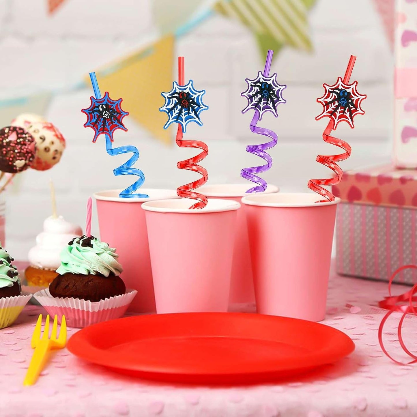 Spider Web Straws - Superhero Theme Party Favors | Plastic Silly Straws for Birthday Goodie Bags & Decorations