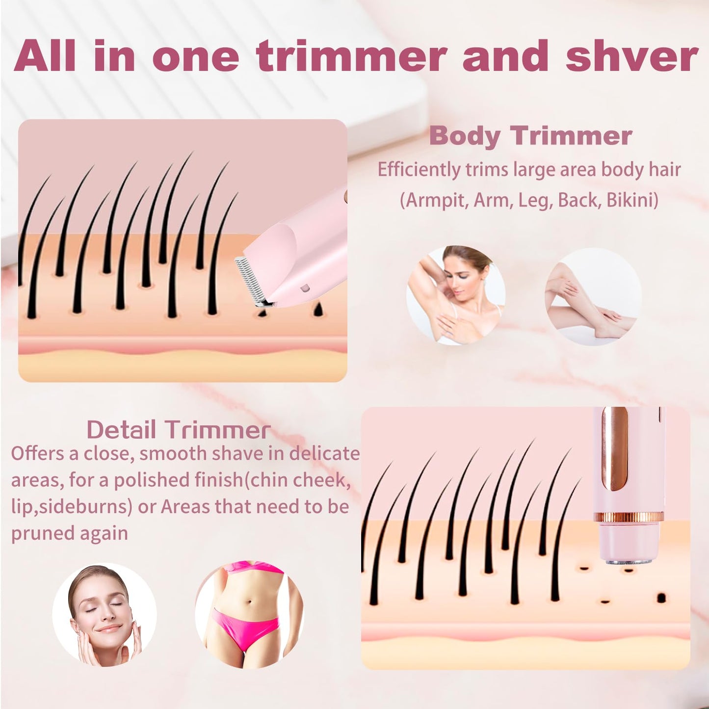 2 in 1 Bikini Trimmer for Women, Dual Head Electric Shaver with LED Display, IPX7 Waterproof Body Pubic Hair Trimmer Rechargeable Womens Electric Razor for Armpit Leg Body Facial (Pink)