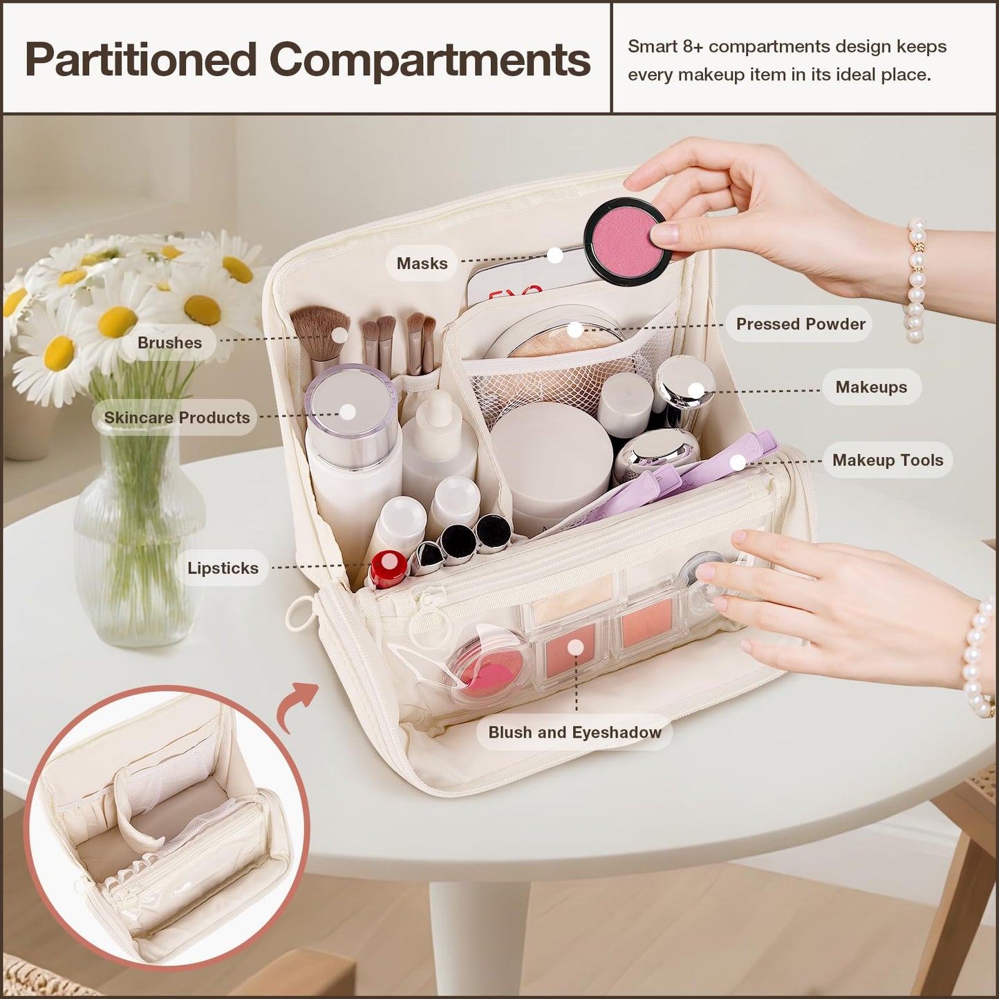 Abiudeng Standing Travel Makeup Bag Stand up Make up Bag Travel Toiletry Bag with Multiple Compartments Large Capacity for Women Business Trips Fitness and Daily Commutes (White)