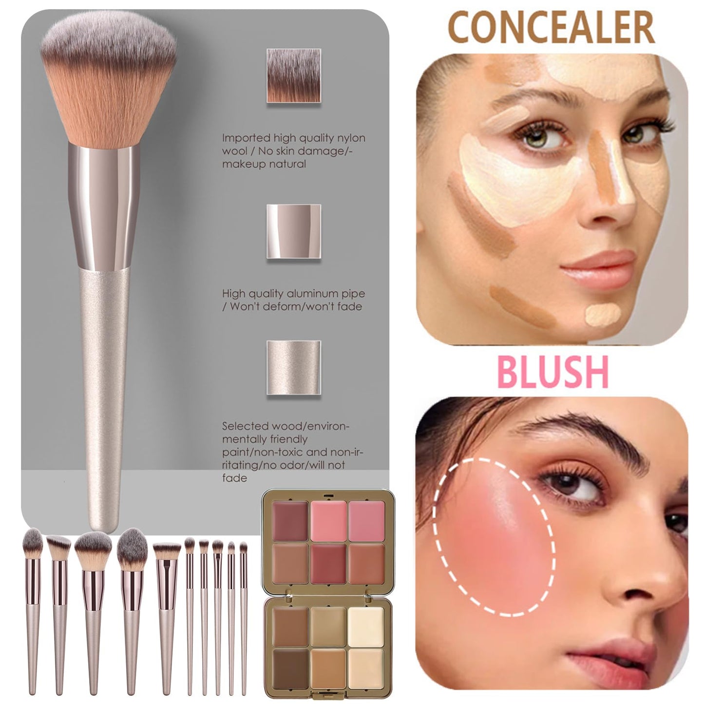 JasCherry 12 Colors Makeup Palette & Brush Set, Professional Eyeshadow, Blush, Highlighter, Contour Kit with 10 Champagne Gold Brushes, Cruelty-Free, Vegan, Travel-Friendly, for Beginners Pros