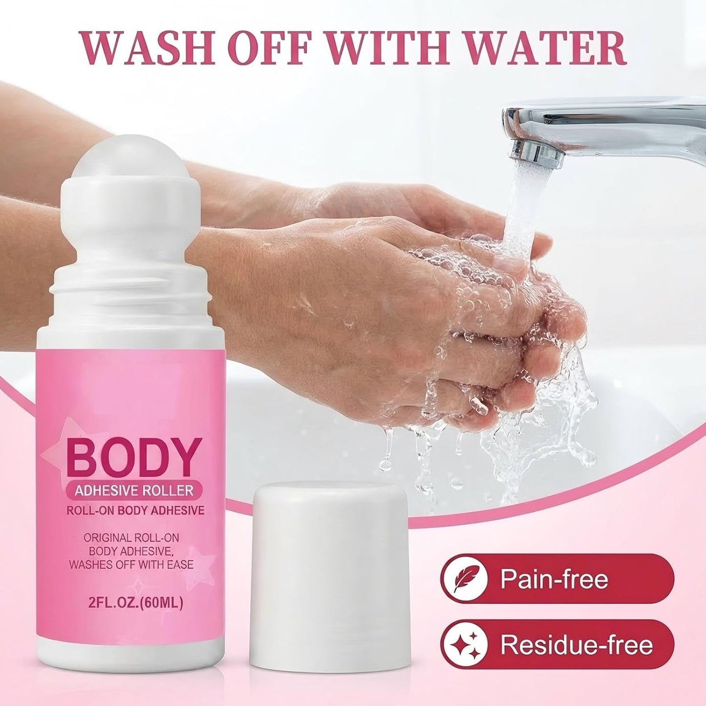 Roll-On Body Adhesive - Hypoallergenic Clear Fashion Glue | Sweat Resistant, Long Lasting Hold for Dancers & Costumes 2 Fl Oz (60ml)