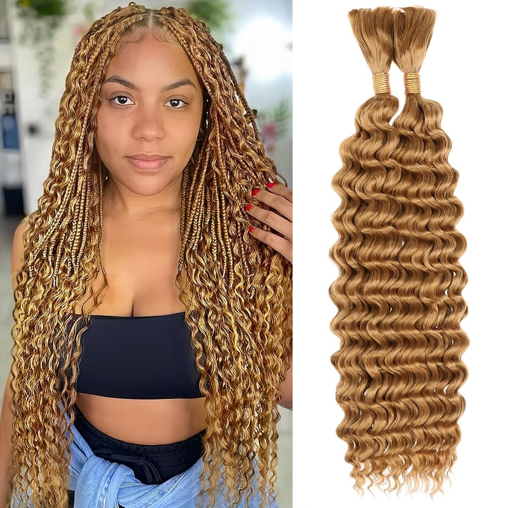 Honey Blonde Human Braiding Hair 20 Inch 100g Blonde Deep Wave Bulk Human Hair for Braiding No Weft Curly Bundles Hair Extensions for Boho Knotless Wet and Wavy Braids