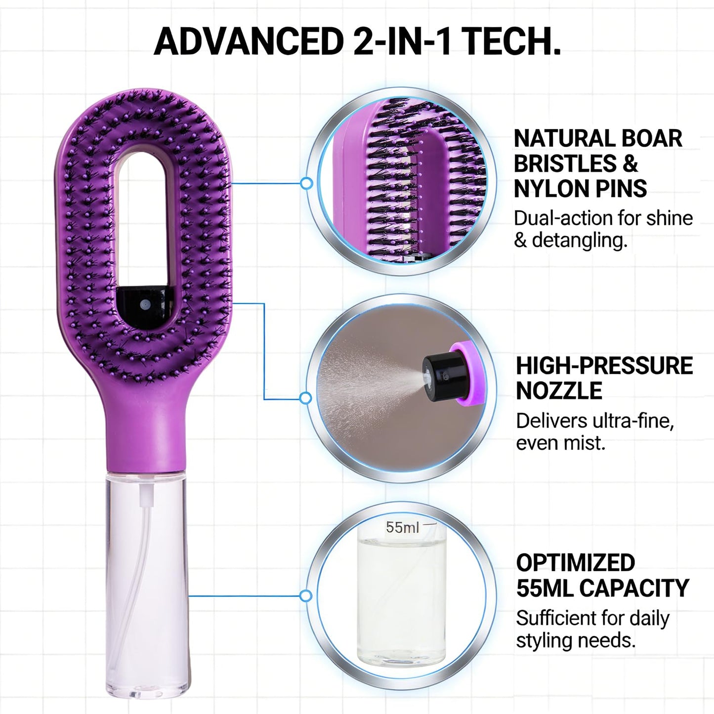 Hair Brush with Water Spray, 2-in-1 Detangling Tool for Frizz Control, Works on Wet & Dry Strands, Portable Mist Comb for Thick, Curly & Fine Textures(1 Purple)