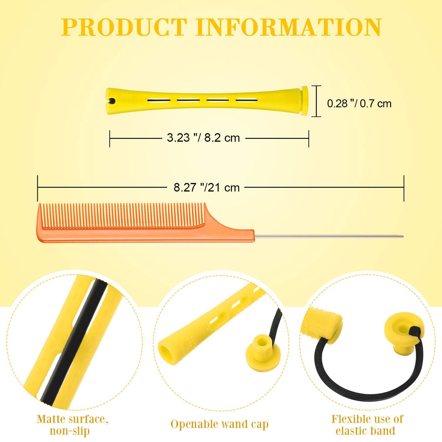 Plastic Curlers Set - 48 Pieces with Steel Pintail & Rat Tail Combs for Cold Wave Perming | Yellow & Orange, 0.28 Inch