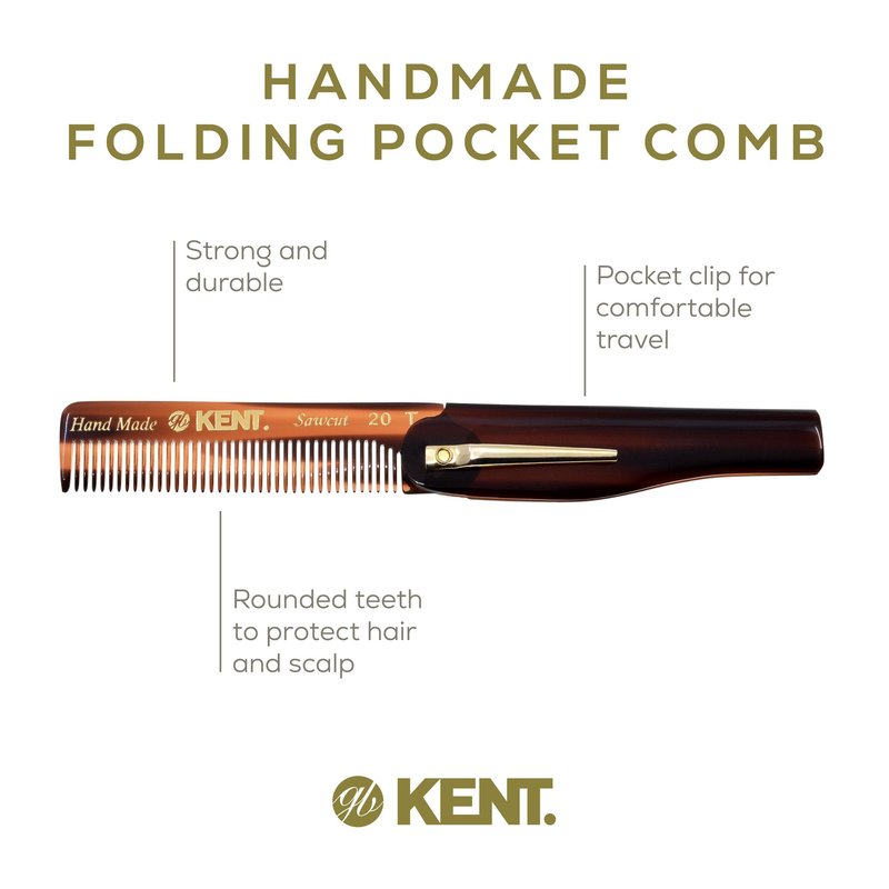 Kent 20T Handmade Folding Pocket Comb for Men, Fine Tooth Hair Comb Straightener for Everyday Grooming Styling Hair, Beard or Mustache, Use Dry or with Balms, Saw Cut Hand Polished, Made in England