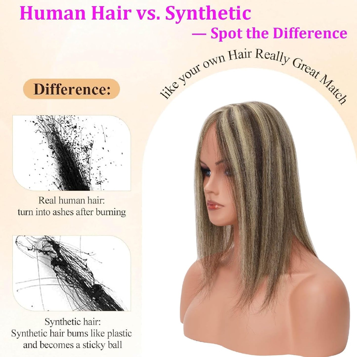 Human Hair Toppers for Women - Medium Brown with Warm Blonde Highlights | 10cm x 12cm