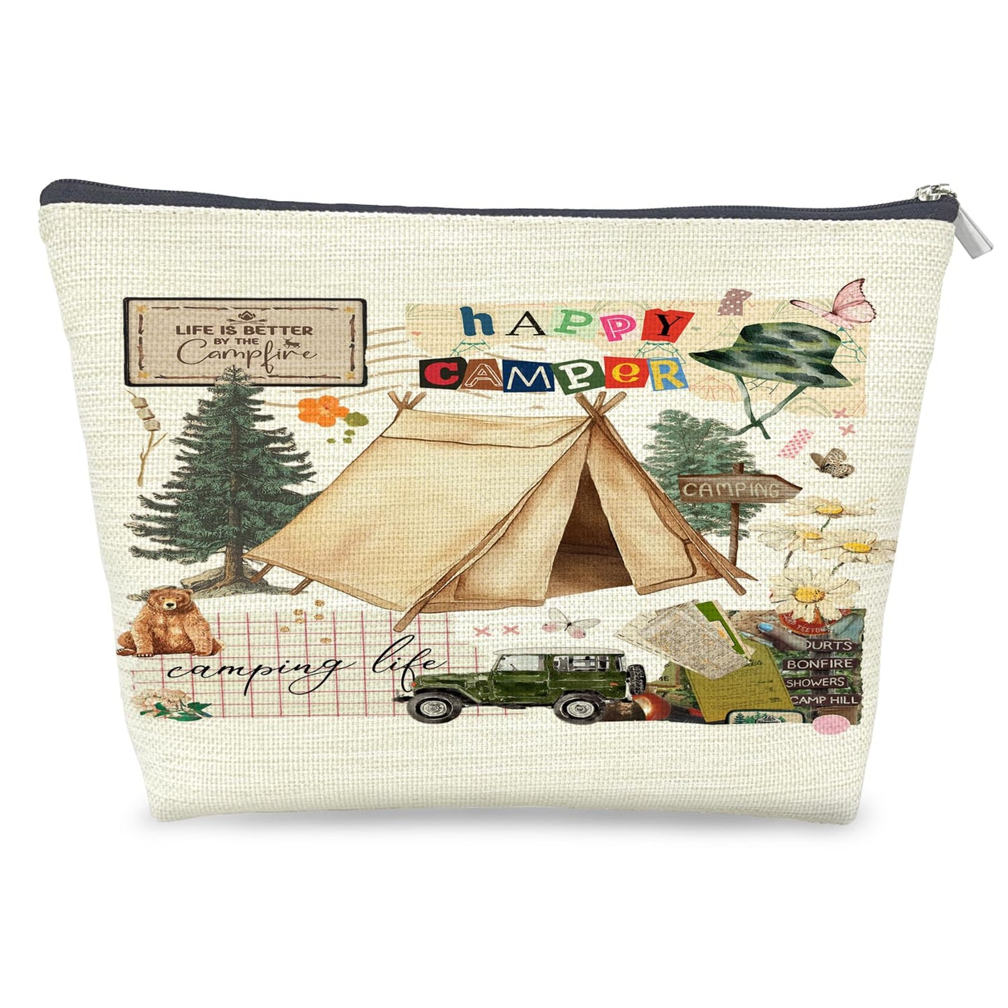 Udinaz Camping Life Makeup Bag, Gifts for Camper Camping Lovers Cosmetic Bags for Women, Rustic Life is Better by The Campfire Zipper Makeup Pouch Toiletry Bag