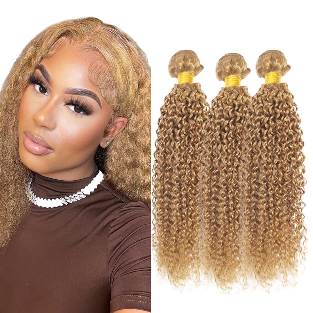 AuokMar Honey Blonde Bundles 27 Kinky Curly Bundles Huma Hair 18 20 22 inch Double Weft Soft Real 27 Blonde 3 Bundle Human Hair Extensions 300g