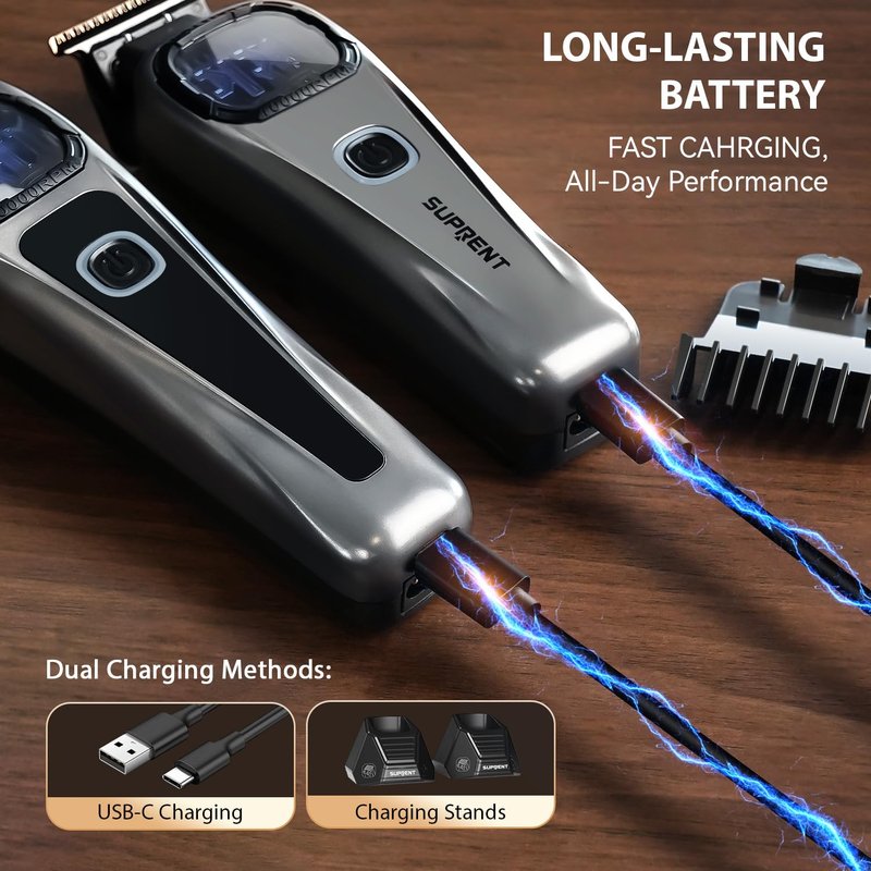 SUPRENT StormGray Professional Hair Clippers for Men - Cordless Barber Clippers & Zero-gapped Trimmer Set, Haircutting Kit with High Performance Motor, Blue Titanium-Coated Blades, Charging Stands