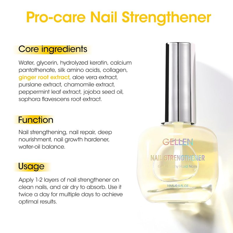GELLEN Pro Care Ginger Nail Strengthener - 8-in-1 Air Dry Clear Serum for Thin Nails Growth & Repair | Nourishing Formula