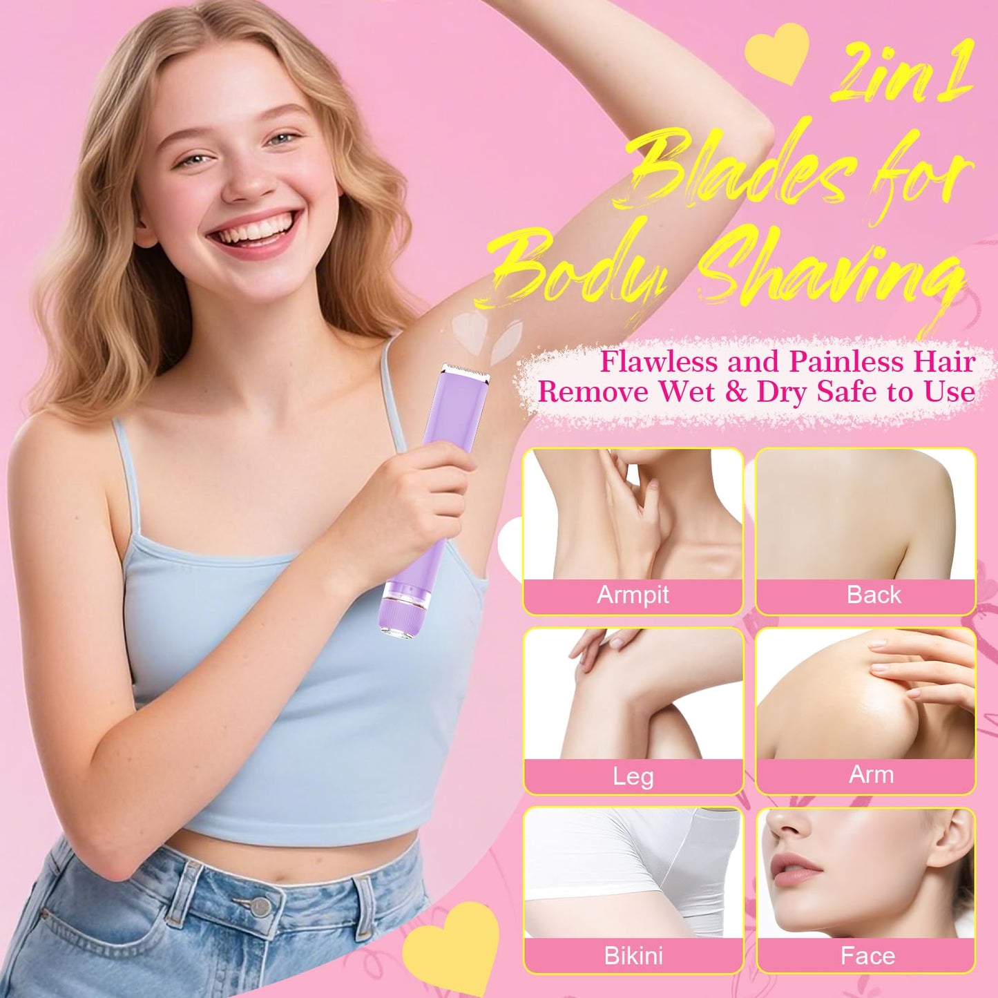 2 in 1 Personal Shaver for Women Pubic Hair Bikini Trimmer for Ladies Electric Razor, Waterproof Wet & Dry Rechargeable Facial & Body Hair Remover for Underarm, Leg, Arm, Face