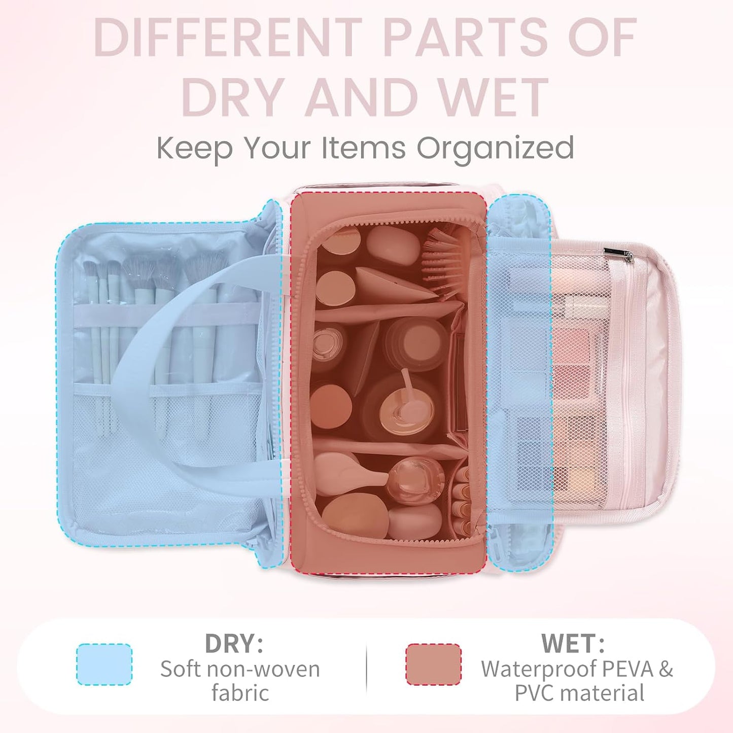 Puffy Toiletry Bag for Women - Large Travel Makeup Organizer with Adjustable Dividers | Light Pink