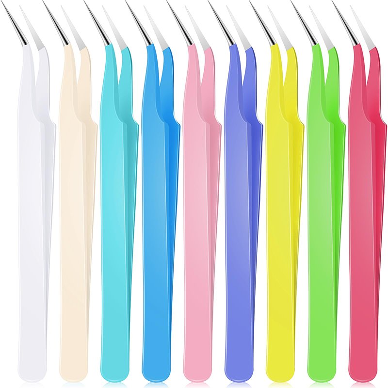 Honoson 9 Pieces Curved Pointed Craft Tweezers Stainless Steel Precision Tweezer with Protective Cover for Rhinestones Dried Flowers Craft Stickers Eyelash Extension Jewelry Making(Macaron Colors)
