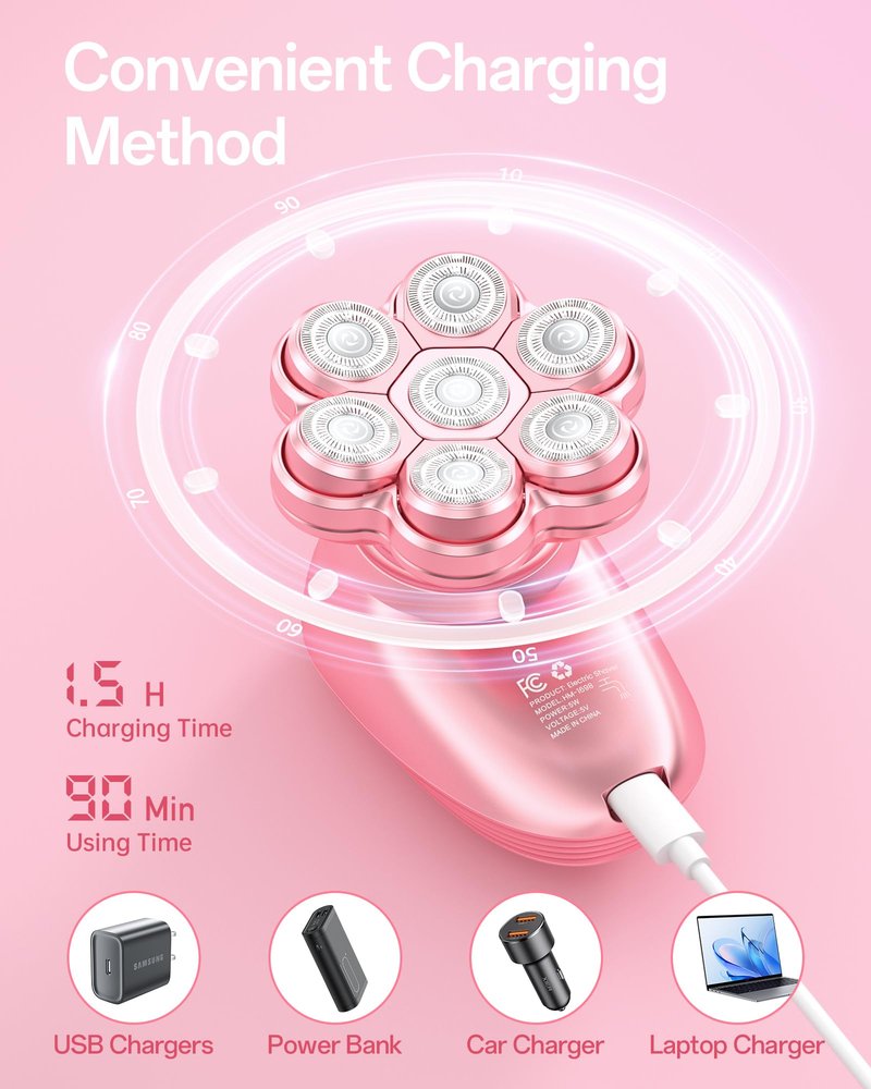 5-in-1 Electric Razors for Women, 7D Magnetic Heads Full Body Shaver, Waterproof Wet Dry Hair Remover with LED Display, Rechargeable Bikini Trimmer for Underarms, Face, Legs, Lips, Arms (Pink)