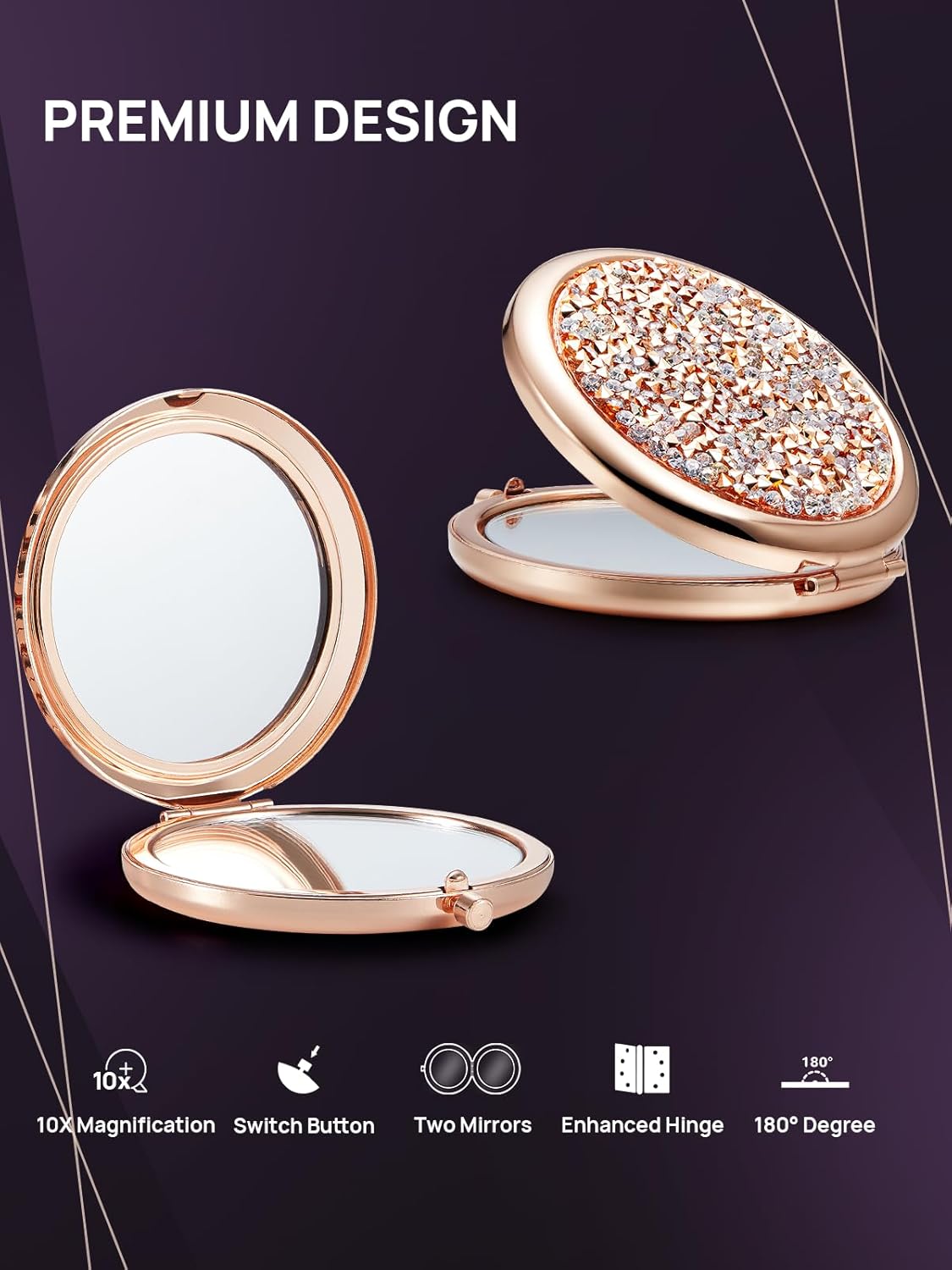 OMIRO 1X/10X Magnifying Compact Mirror - Rose Gold Mini Diamond Pocket Makeup Mirror