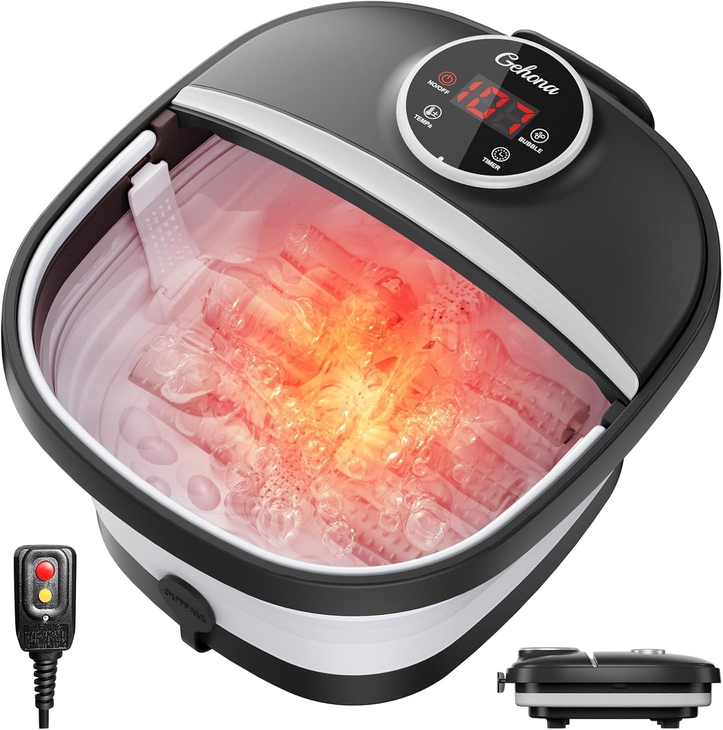 Collapsible Foot Spa Bath - Heated Foot Massager with Bubbles, Timer & Red Light | Deep Black