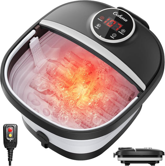 Collapsible Foot Spa Bath - Heated Foot Massager with Bubbles, Timer & Red Light | Deep Black