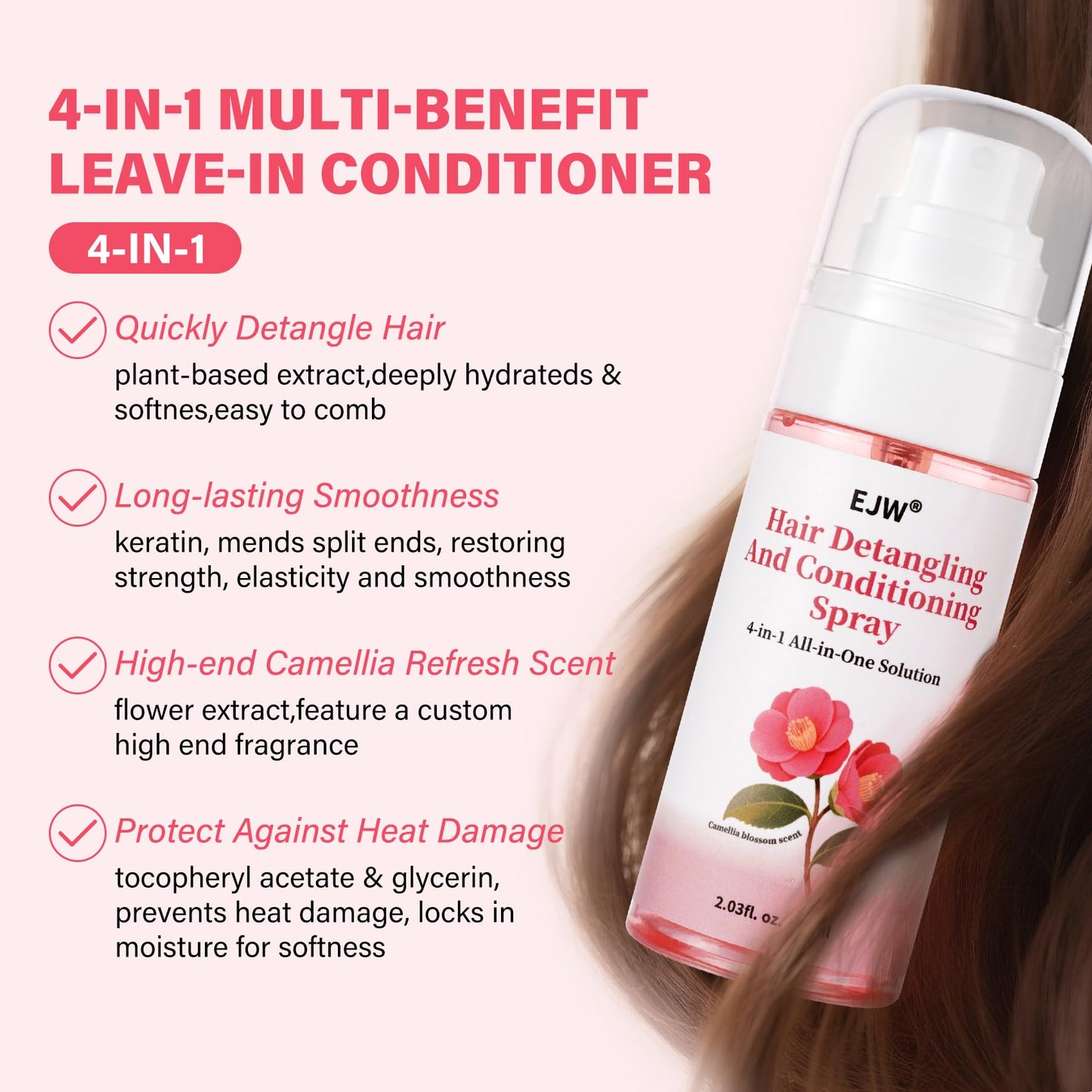 EJW Hair Detangler Spray – Leave-In Conditioning for Tangle-Free Hair – Instantly Detangles Knots, Smooths & Moisture, Prevents Breakage & Frizz – 2.03 fl oz