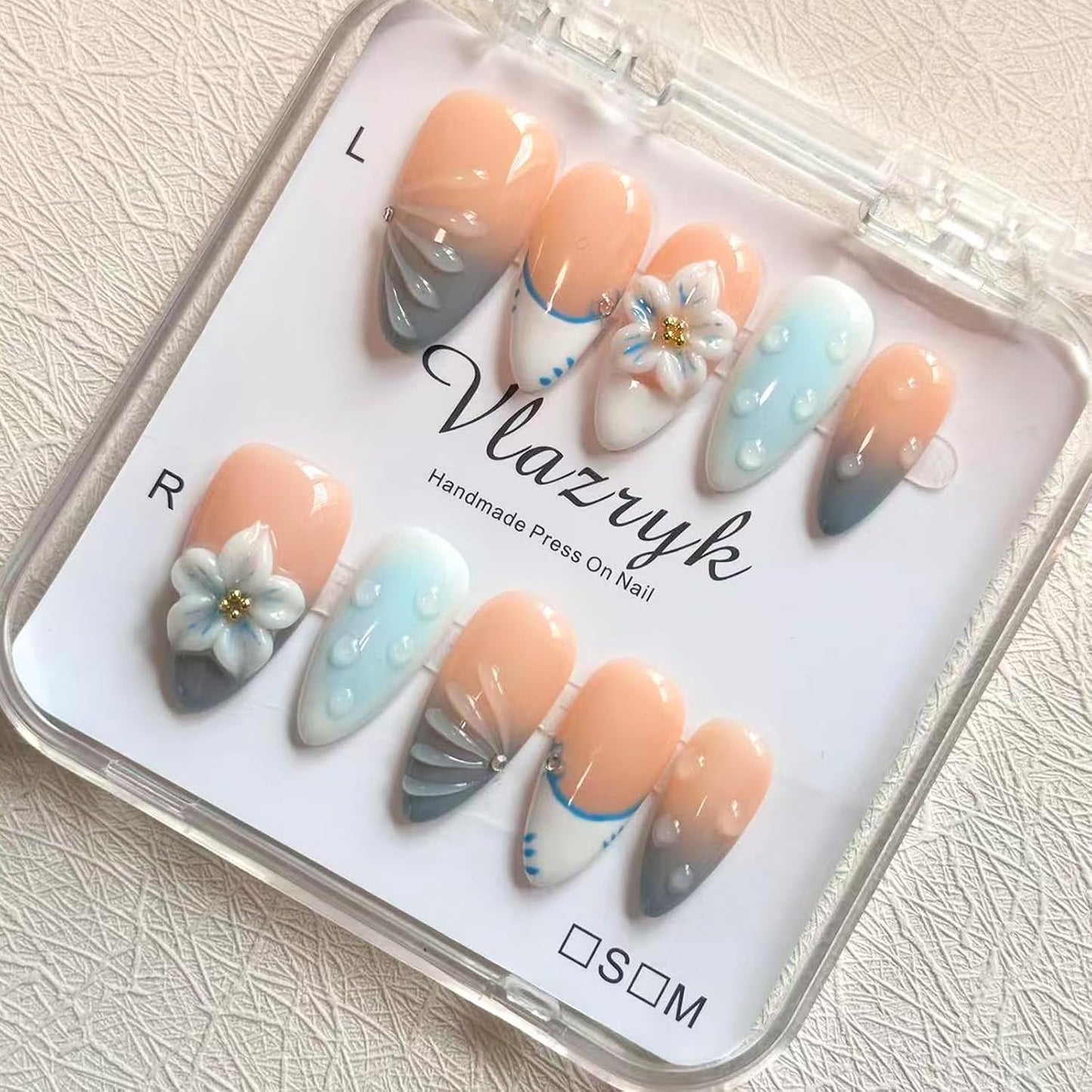 Brown French Tip Press On Nails - 3D Metallic Rhinestones | Medium Almond Reusable Acrylic False Nails (10 PCS)