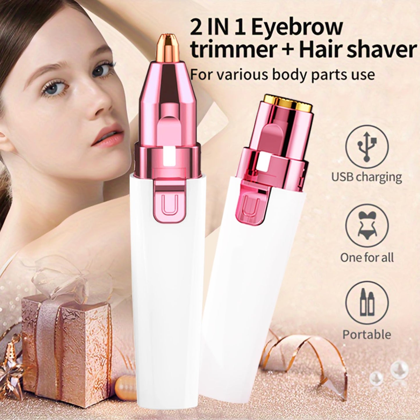 Facial Hair Remover for Women - White USB Rechargeable Eyebrow Trimmer & Face Shaver with LED Light, 2-in-1 Hair Removal Device for Smooth Skin