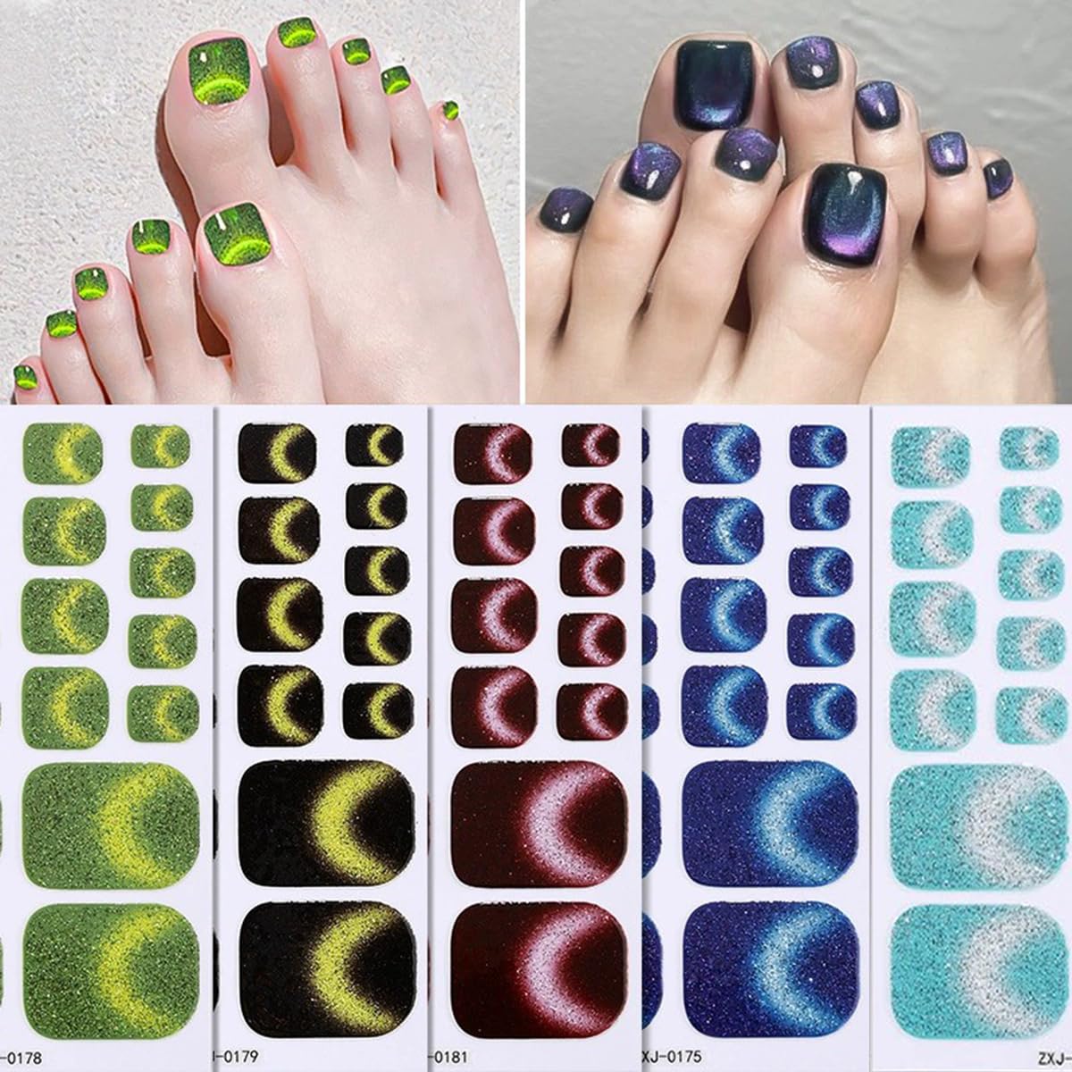 Toe Full Nail Wraps Gel Nail Stickers Solid Gradient Glitter Nail Full Wrap Full Cover Nail Polish Strips 6PCS Smile French Line Self-Adhesive Toe Nail Decals for Women Manicure Nail Art Decorations