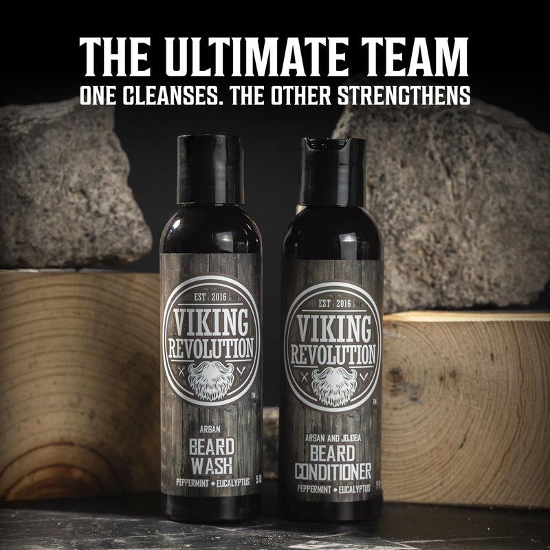 Viking Revolution Ultimate Conditioner for Men's Beard Grooming - Softens, Smoothes and Soothes Beard Itch- Contains Wash, Conditioner, Beard Oil, Balm and Comb- Classic Set