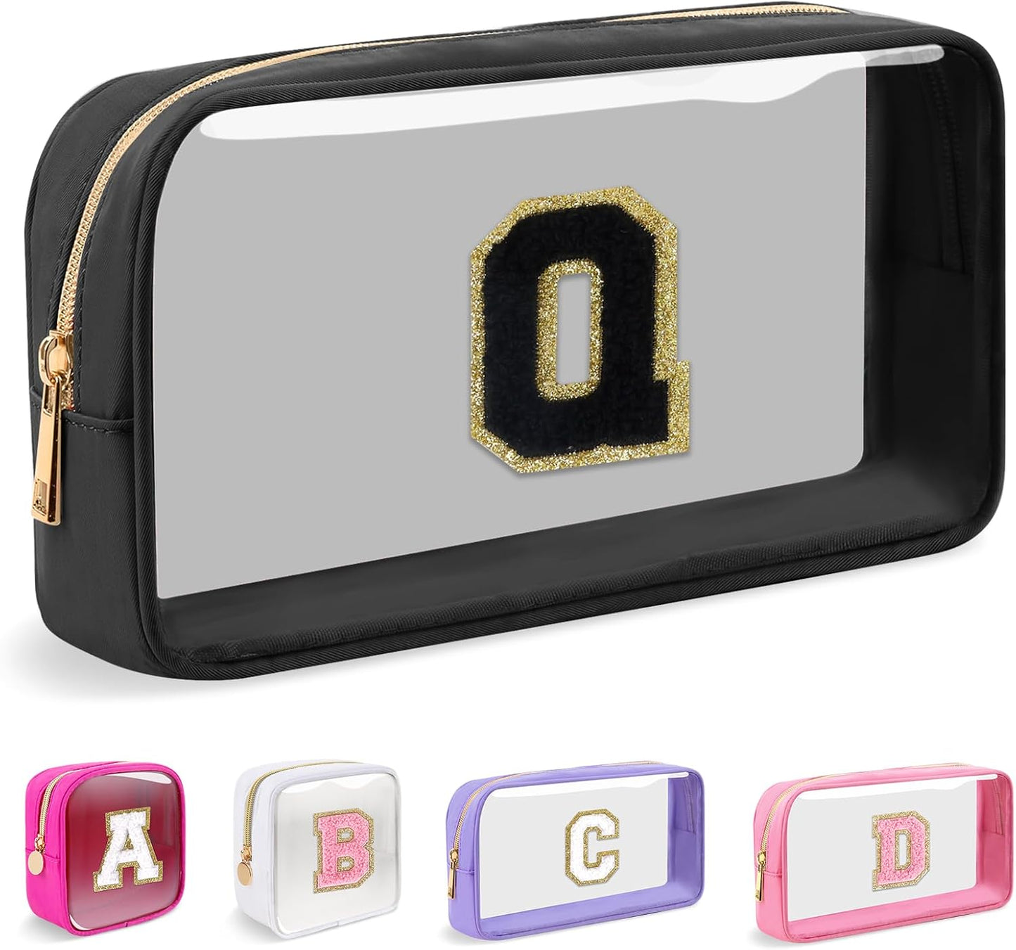 Personalized Initial Makeup Bag - Waterproof Nylon Cosmetic Pouch | A-Z Chenille Letter Patch, White-Pink G