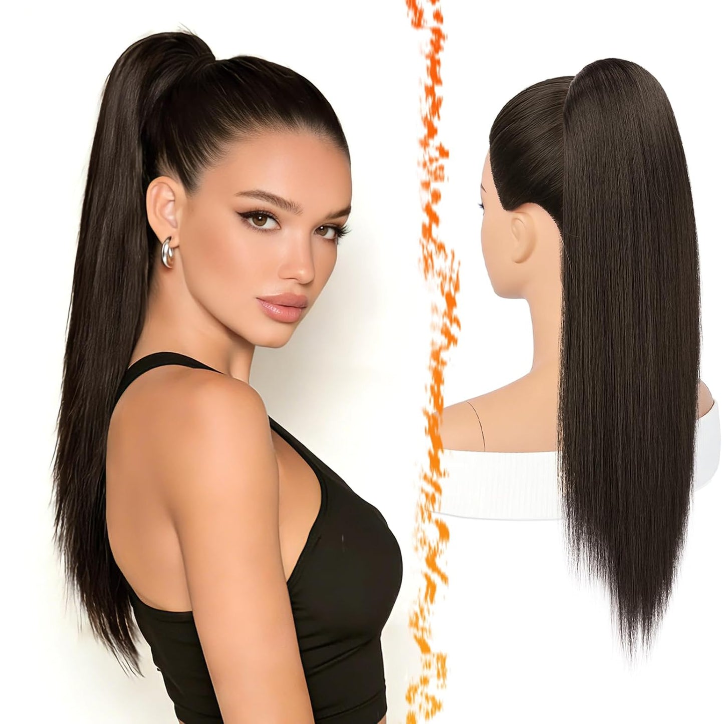 Dark Brown Straight Drawstring Ponytail Extension - 28 Inch Soft Synthetic Hairpiece for Daily & Party Wear